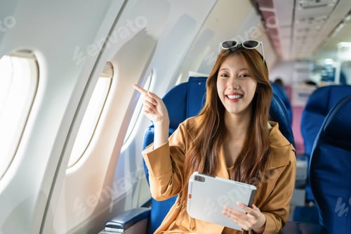 Preview: Happy woman airplane travel, Portrait of woman with journey.