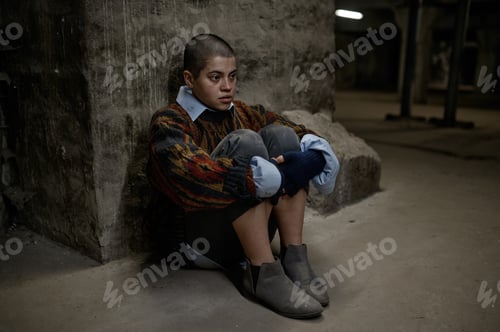 Preview: Sad young homeless teenager woman sitting alone outdoors on street