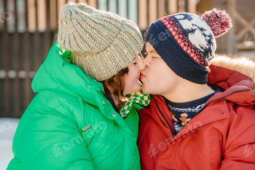 Preview: Winter plus size couple lovestory. Happy smiling man, body positive woman outdoors in bright warm