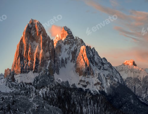 Preview: Breathtaking scenery of the snowy rocks at Dolomiten, Italian Alps in winter