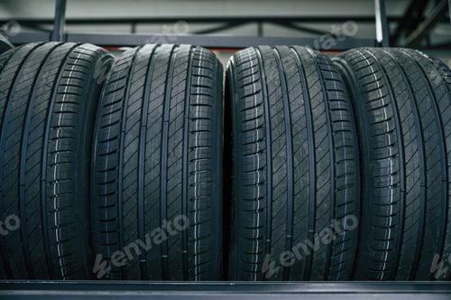Preview: In the right order. New tires are placed on the storage rack in the car workshop