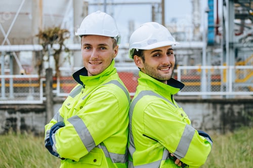 Preview: Portrait oil and gas refinery engineer people workers standing happy smile