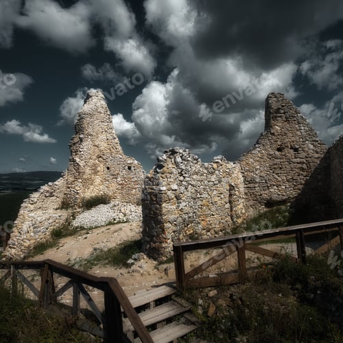 Preview: Cachtice castle ruins with clouds in Slovakia