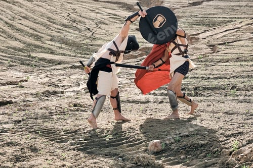 Preview: A Concept Photo Of A Roman Battle Of Two Warriors Of The Colosseum In Action With Aggressive