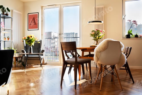 Preview: Stylish scandinavian open space interior of kitchen and dining room.