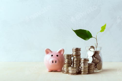 Preview: Saving coins in a piggy bank next to a plant growing from a jar of money