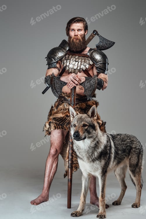 Preview: Grimy barbaric viking with nude body posing with beautiful wolf