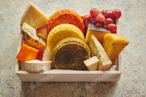 Preview: Fresh and delicious different kinds of cheeses placed in wooden crate with grapes