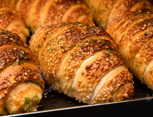 Preview: Exquisitely shaped delicious bread on a steel tray, illuminated by warm lights