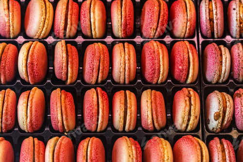 Preview: Colorful Macarons Display Delicious French Confections in Rows, Perfect for Dessert Lovers