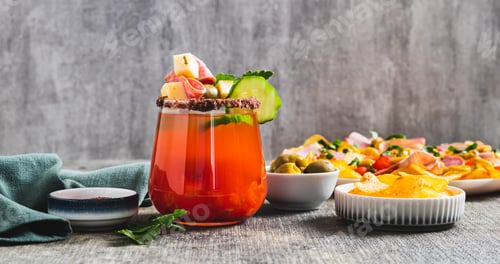 Preview: Snacktails with a cheese, salami, olive and vegatables in a glass on the table web banner