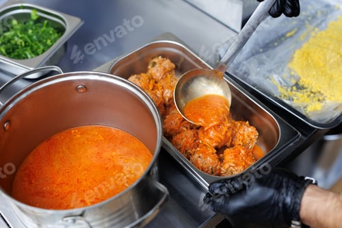 Preview: Cook pouring red sauce with ladle onto meatball. Food service and buffet concept.