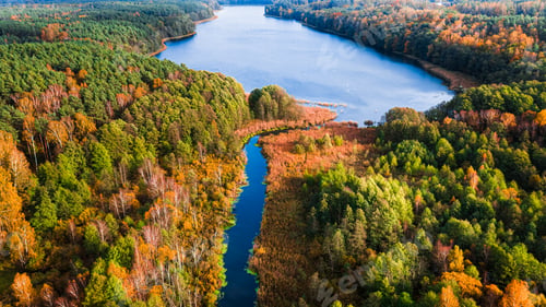 Preview: Aerial view of blue river and big lake in autumn
