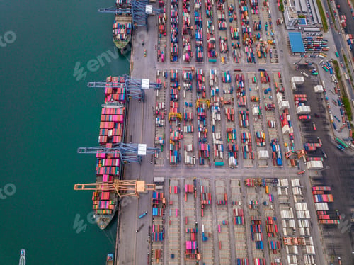 Preview: container cargo ship in the export and import business and logistics. Shipping to the harbor