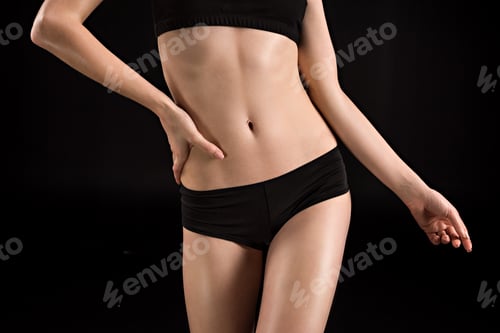 Preview: cropped view of sportswoman in black underwear isolated on black