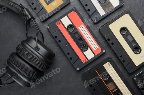 Preview: Headphones and compact cassettes on black slate background