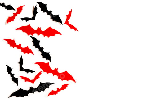 Preview: Black and red paper bats flying over white background.