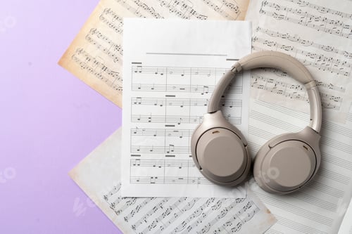 Preview: a grey headphones on the music notes paper sheet