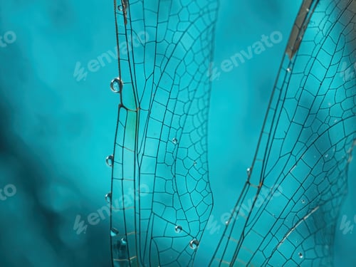 Preview: Background. Insect wing, dragonfly, macro, with dew drops on it , on a blue background