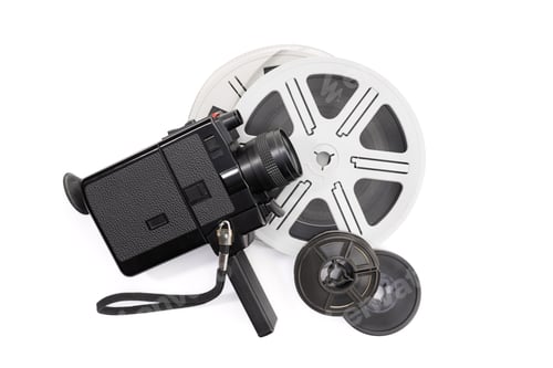 Preview: Super 8 camera and film reels isolated on white background
