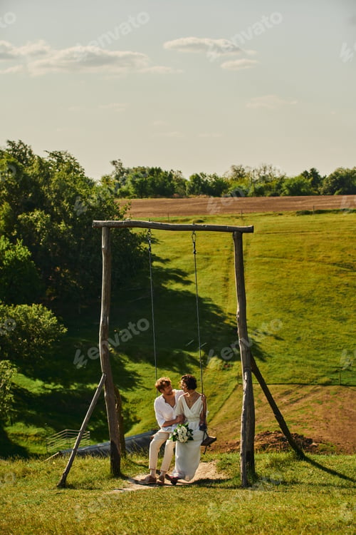 Preview: happy and stylish interracial newlyweds on swing in countryside with scenic landscape, tranquility