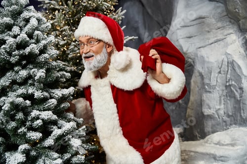 Preview: Santa Claus joyfully preparing for Christmas beside snowy trees in a festive winter setting