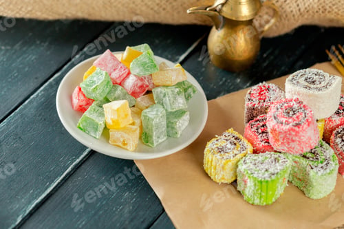 Preview: traditional eastern desserts on wooden background