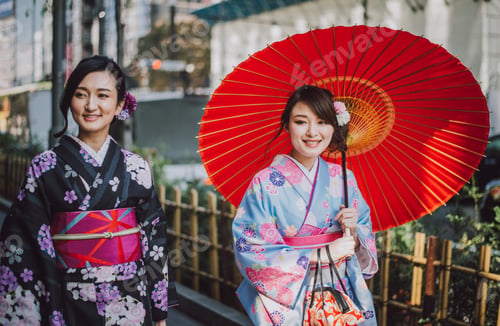 Preview: Two japanese girls wearing kimonos traditional clothes, lifestyle moments