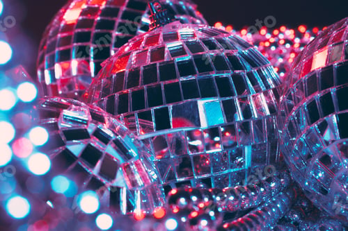 Preview: Shiny disco party background with mirror balls reflecting light