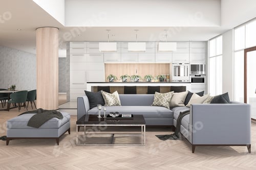 Preview: l3d rendering set of sofa in living room near kitchen bar and bar stool