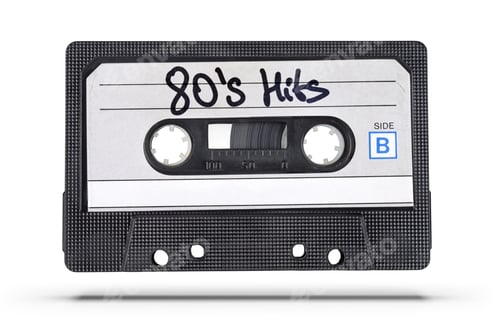 Preview: Old audio tape cassette with 80's hits text