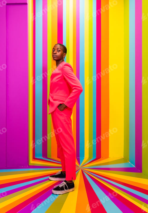 Preview: Beautiful young woman dancing and having fun inside a rainbow box room
