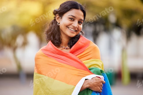 Preview: Love, nature and portrait of woman with pride flag, smile happy non binary lifestyle of freedom, pe