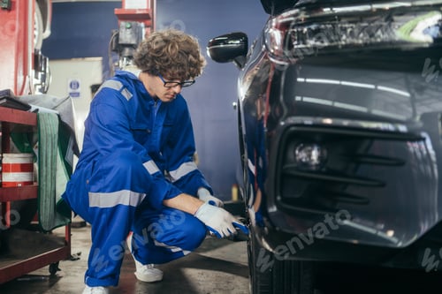 Preview: Automotive mechanic worker checking at car tyre rubber condition needed for replacement.