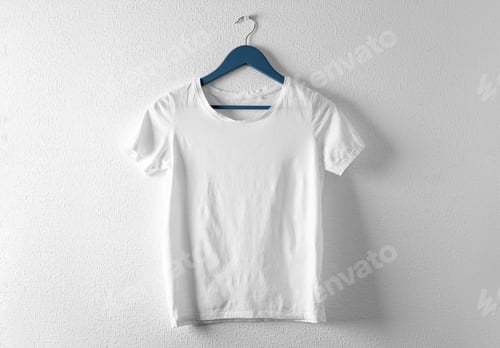 Preview: Hanger with white t-shirt on light background. Mockup for design