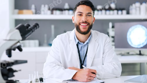 Preview: Doctor, medical researcher or surgeon, planning, taking notes and filling in forms alone at work. P