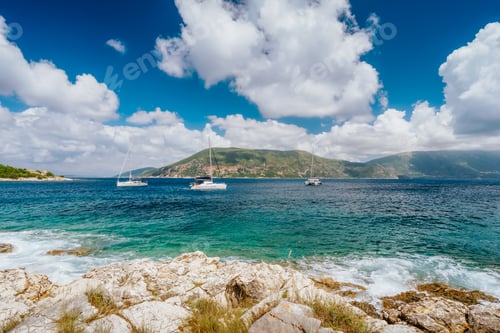 Preview: Seascape near Fiskardo greeek town.Kefalonia, Ionian islands, Greece. Mediterranean sea, white yacht