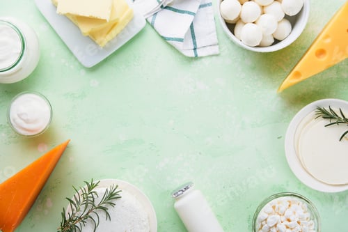 Preview: Dairy products or farm products. Fresh organic dairy products milk, cottage cheese, butter, cream, y