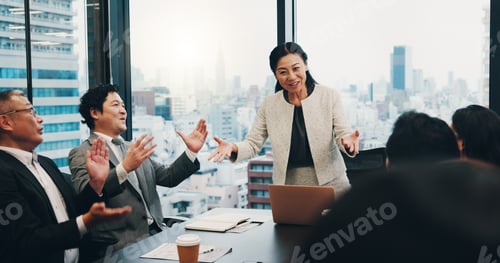 Preview: Asian woman, laptop and presentation with applause for meeting, congratulations or thank you at con