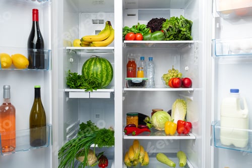 Preview: Open fridge full of fruits, vegetables and drinks