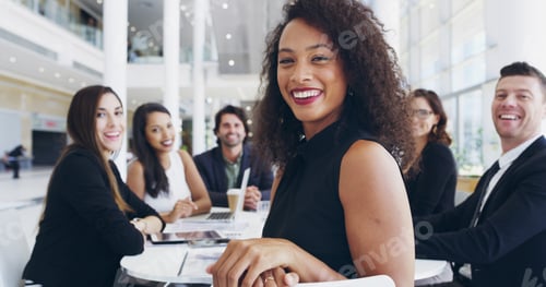 Preview: Portrait, smile and business woman in meeting for proposal, funding or budget review for company. T