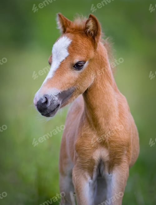 Preview: American Miniature Horse. Portrait chestnut foal with blaze faci
