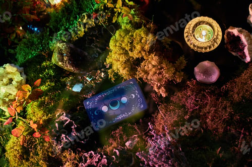 Preview: Colorful tarot cards lie on lush moss, surrounded by various crystals and candles in forest