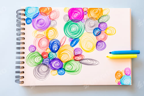 Preview: Closeup shot of colorful spiral drawings in a notepad on a blue surface