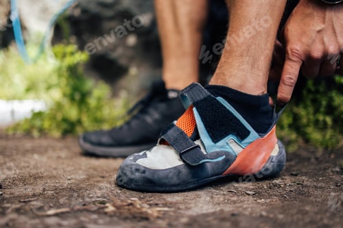 Preview: Close-Up of a Person Preparing for Outdoor Rock Climbing with Specialized Shoes