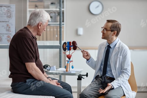 Preview: Middle Aged Caucasian Male Urologist Explaining Urinary System Model to Senior Man