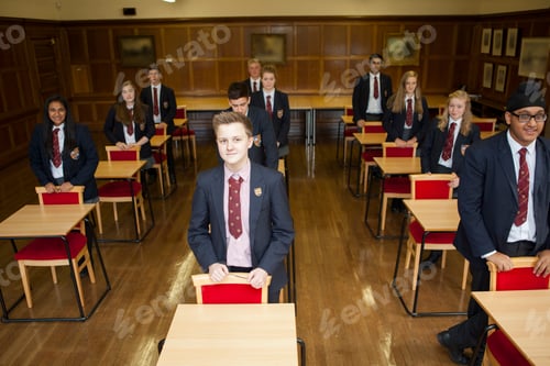 Preview: Teenage schoolchildren standing in exam class