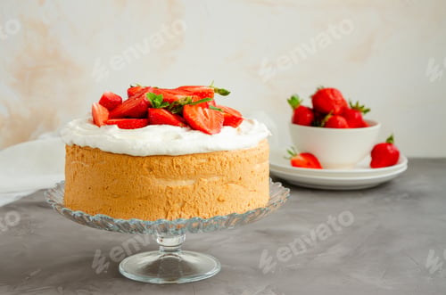 Preview: Angel food cake with whipped cream and slices of fresh strawberries on top. Summer dessert