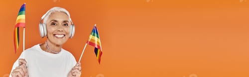 Preview: Elegant Mature Woman Celebrating Pride With Flags and Headphones Against a Vibrant Background