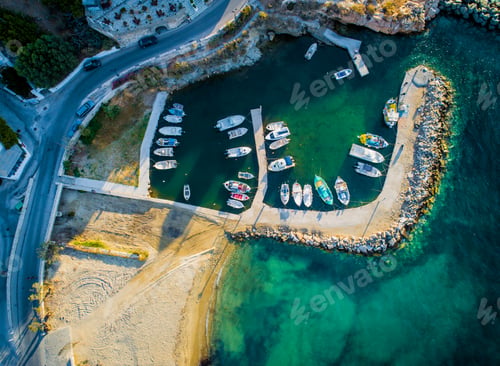 Preview: Small motorboats moored at dock, Paros island, Greece, view from above
